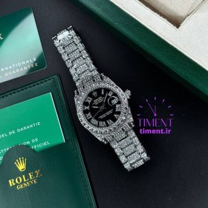 رولکس فول نگین دار نقره ای صفحه مشکی
